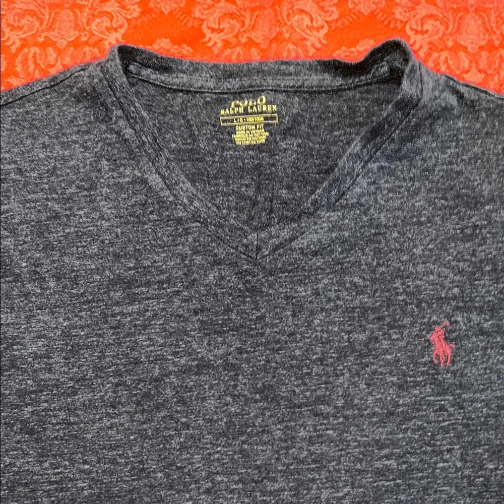 Polo Ralph Lauren Custom Fit V Neck T Shirt Men Large Heather Gray Pony Logo